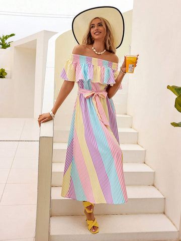 Women's Off-Shoulder Striped Dress With Ruffled Hemline