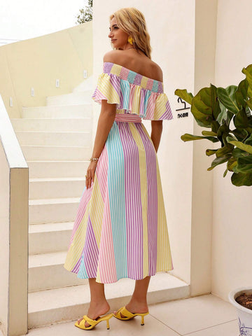 Women's Off-Shoulder Striped Dress With Ruffled Hemline