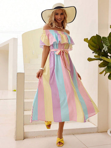 Women's Off-Shoulder Striped Dress With Ruffled Hemline