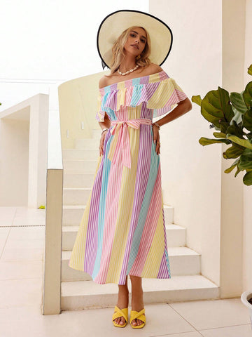 Women's Off-Shoulder Striped Dress With Ruffled Hemline
