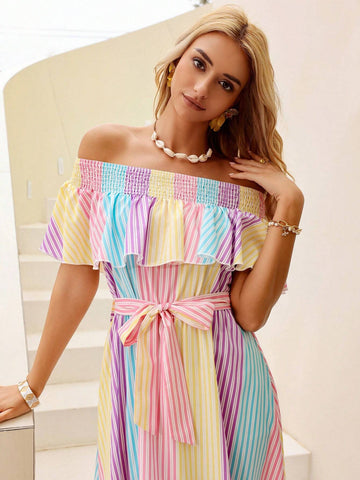 Women's Off-Shoulder Striped Dress With Ruffled Hemline