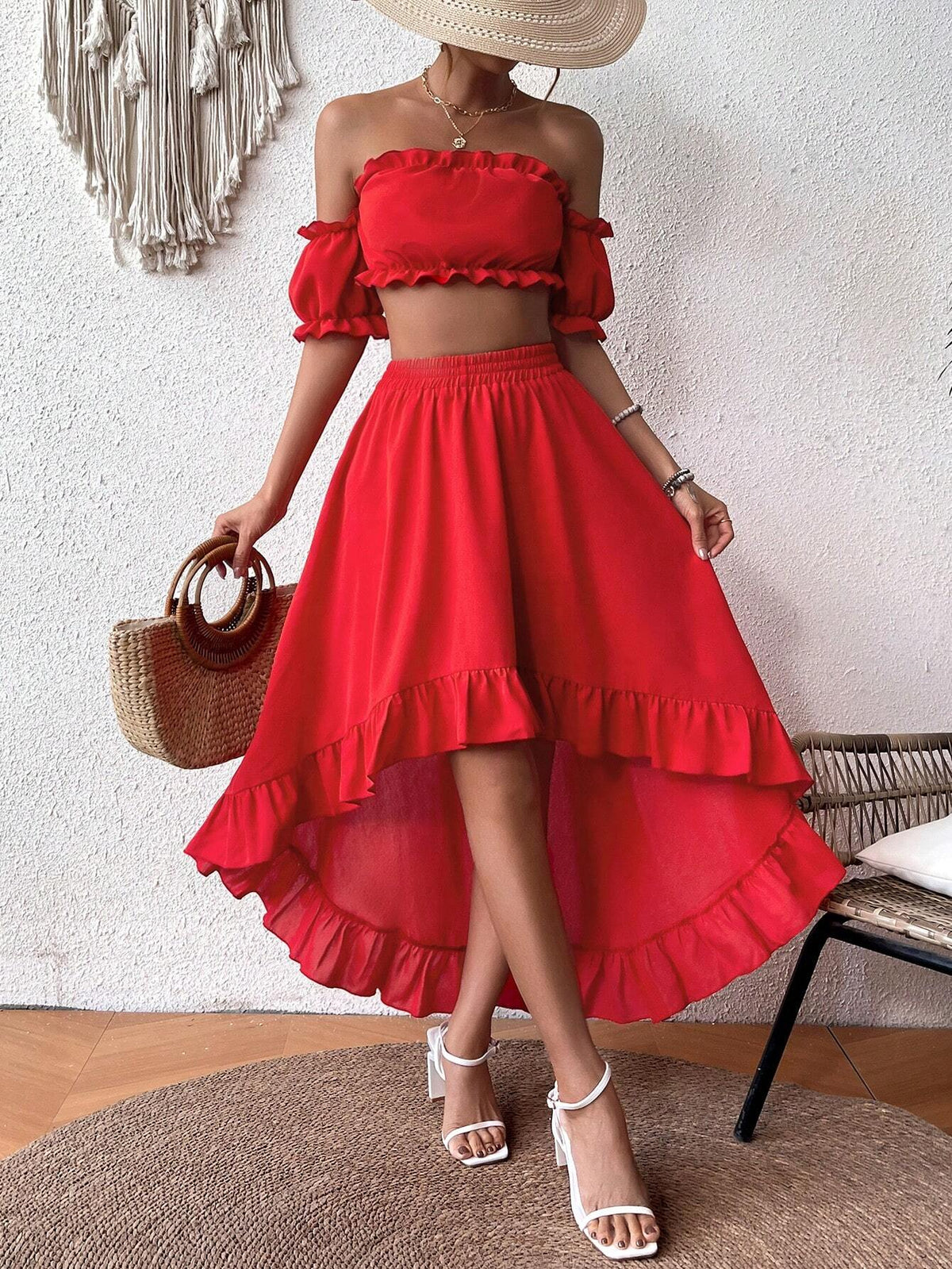 Women's Off Shoulder Cropped Top And High Low Skirt Two Piece Set