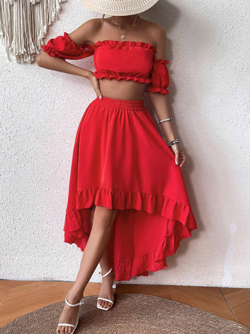 Women's Off Shoulder Cropped Top And High Low Skirt Two Piece Set