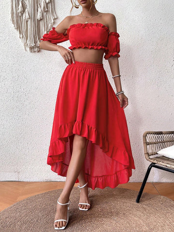 Women's Off Shoulder Cropped Top And High Low Skirt Two Piece Set
