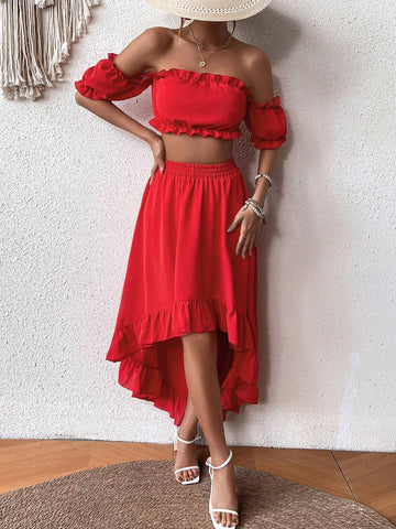 Women's Off Shoulder Cropped Top And High Low Skirt Two Piece Set