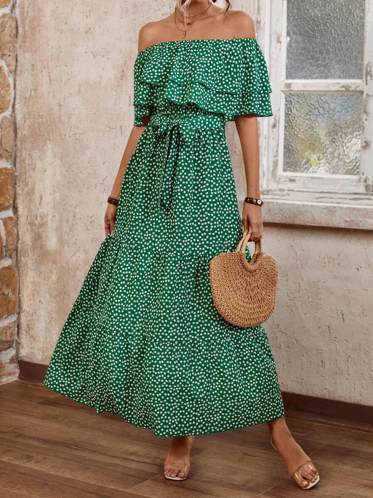 Women's Off Shoulder Dress With Ruffle Hem In Small Floral Print