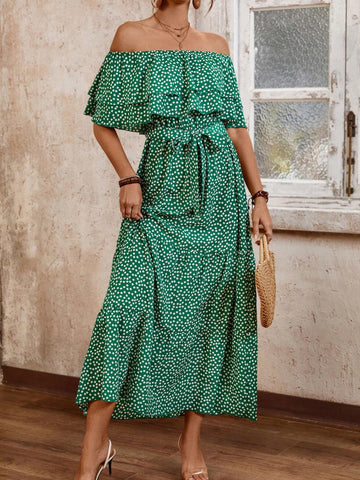 Women's Off Shoulder Dress With Ruffle Hem In Small Floral Print