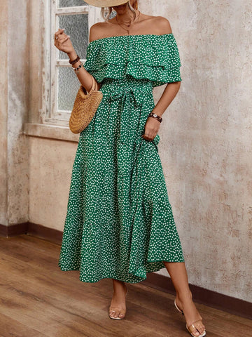 Women's Off Shoulder Dress With Ruffle Hem In Small Floral Print