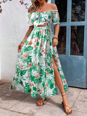 Women's Off Shoulder Plant Printed Dress