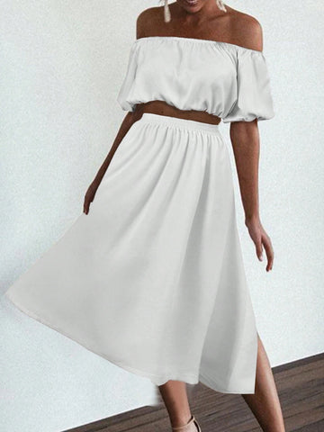 Women's Off Shoulder Puff Sleeve Cropped Top And Elastic Waist Skirt Two Piece Set