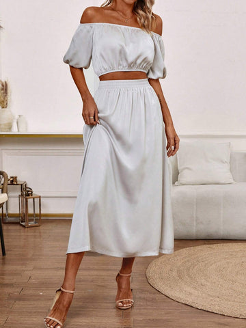 Women's Off Shoulder Puff Sleeve Cropped Top And Elastic Waist Skirt Two Piece Set
