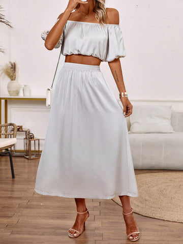 Women's Off Shoulder Puff Sleeve Cropped Top And Elastic Waist Skirt Two Piece Set