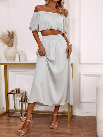 Women's Off Shoulder Puff Sleeve Cropped Top And Elastic Waist Skirt Two Piece Set