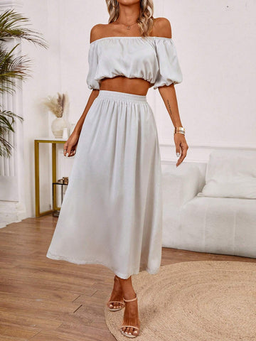 Women's Off Shoulder Puff Sleeve Cropped Top And Elastic Waist Skirt Two Piece Set