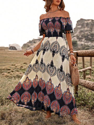 Women's Off Shoulder Shirred Panel Decorated Dress
