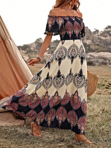 Women's Off Shoulder Shirred Panel Decorated Dress