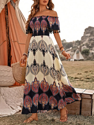 Women's Off Shoulder Shirred Panel Decorated Dress