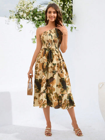 Women's One Shoulder Plant Print Shirred Sleeveless Dress