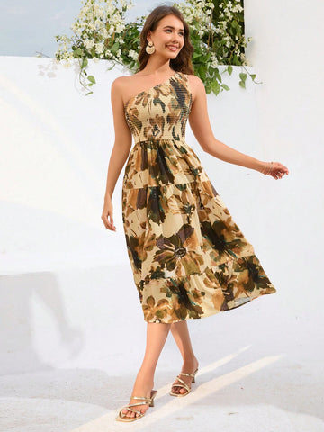 Women's One Shoulder Plant Print Shirred Sleeveless Dress