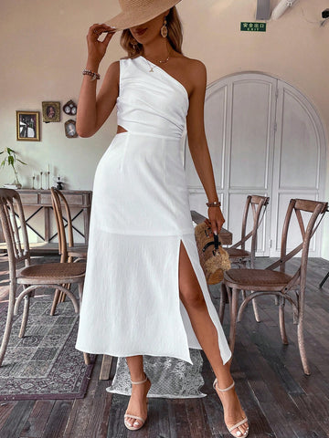 VCAY Women's One Shoulder Sleeveless Hollow Out Waist High Slit Hem Dress