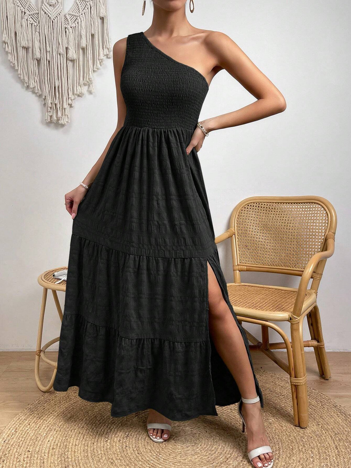 Women's One Shoulder Sleeveless Slim Fit Maxi Dress With Slit Detail