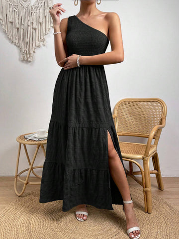 Women's One Shoulder Sleeveless Slim Fit Maxi Dress With Slit Detail