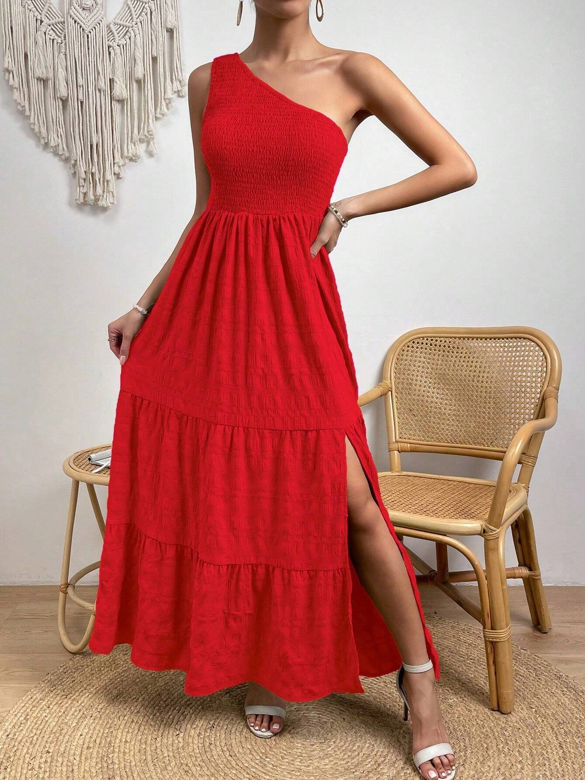 Women's One Shoulder Sleeveless Wrap Front High Slit Dress