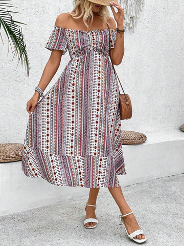 Women's One Shoulder Striped Dress With Floral Print And Ruffled Hem
