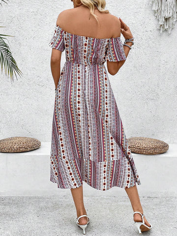 Women's One Shoulder Striped Dress With Floral Print And Ruffled Hem