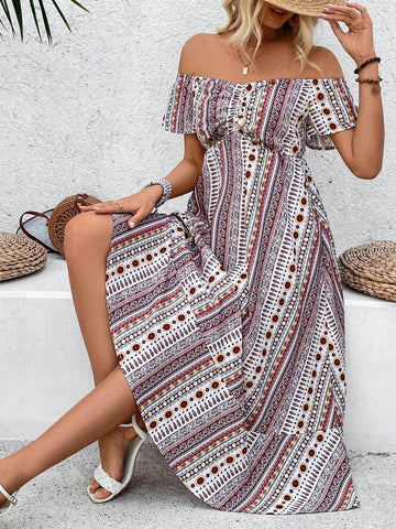 Women's One Shoulder Striped Dress With Floral Print And Ruffled Hem