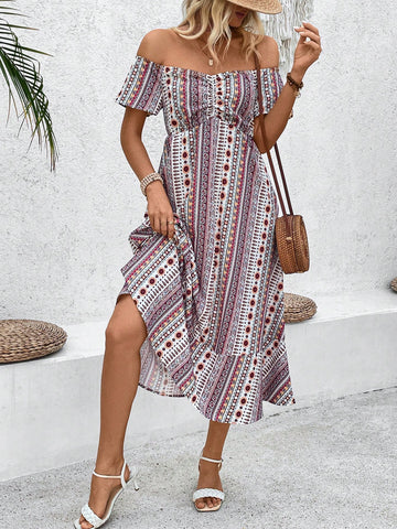 Women's One Shoulder Striped Dress With Floral Print And Ruffled Hem