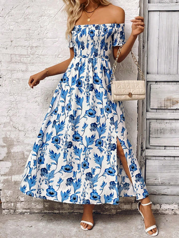 Women's Open Shoulder Short Sleeve Dress With Plant Print
