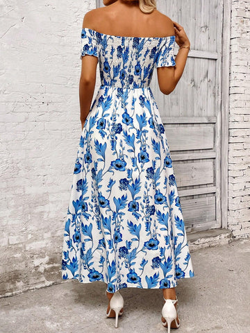 Women's Open Shoulder Short Sleeve Dress With Plant Print