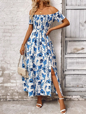 Women's Open Shoulder Short Sleeve Dress With Plant Print