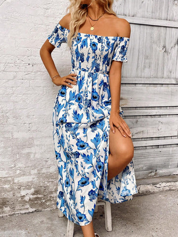 Women's Open Shoulder Short Sleeve Dress With Plant Print