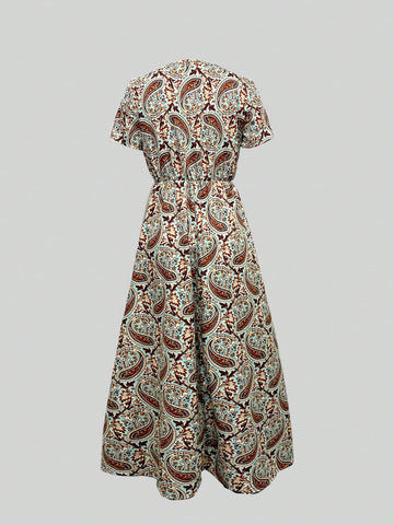 VCAY Women's Paisley Pattern V-Neck Elastic Waist High Slit Vacation Maxi Dress