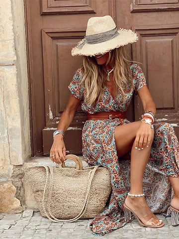 VCAY Women's Paisley Pattern V-Neck Elastic Waist High Slit Vacation Maxi Dress