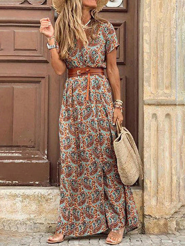 VCAY Women's Paisley Pattern V-Neck Elastic Waist High Slit Vacation Maxi Dress