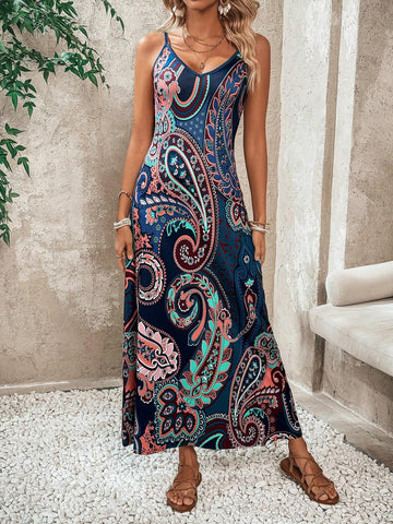Women's Paisley Patterned Vacation Style Long Cami Dress