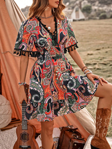 Women's Paisley Print Fringe Decorated Dress