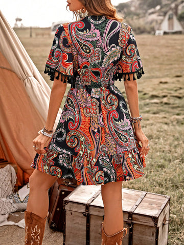 Women's Paisley Print Fringe Decorated Dress