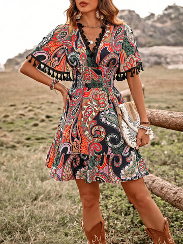 Women's Paisley Print Fringe Decorated Dress
