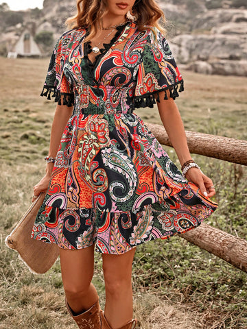 Women's Paisley Print Fringe Decorated Dress