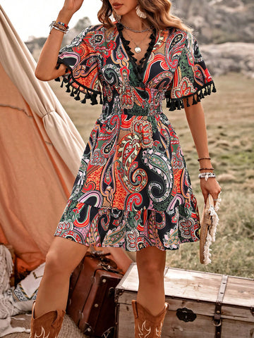 Women's Paisley Print Fringe Decorated Dress
