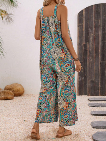 Women's Paisley Printed Beach Style Jumpsuit For Summer Vacation