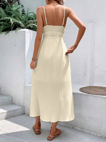 Women's Patchwork Lace Spaghetti Strap Dress With Single Breasted