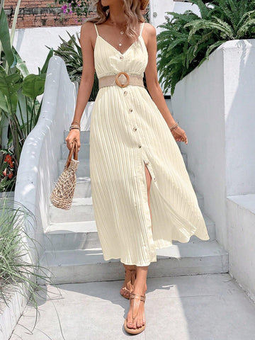 Women's Patchwork Lace Spaghetti Strap Dress With Single Breasted