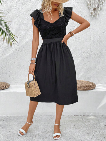 Women's Patchwork Lace Sweetheart Neckline Short Flutter Sleeve Dress