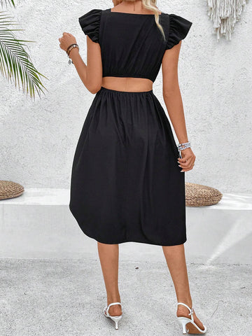 Women's Patchwork Lace Sweetheart Neckline Short Flutter Sleeve Dress