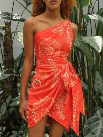 Women's Pattern Printed One Shoulder Sleeveless Dress With Waist Knot